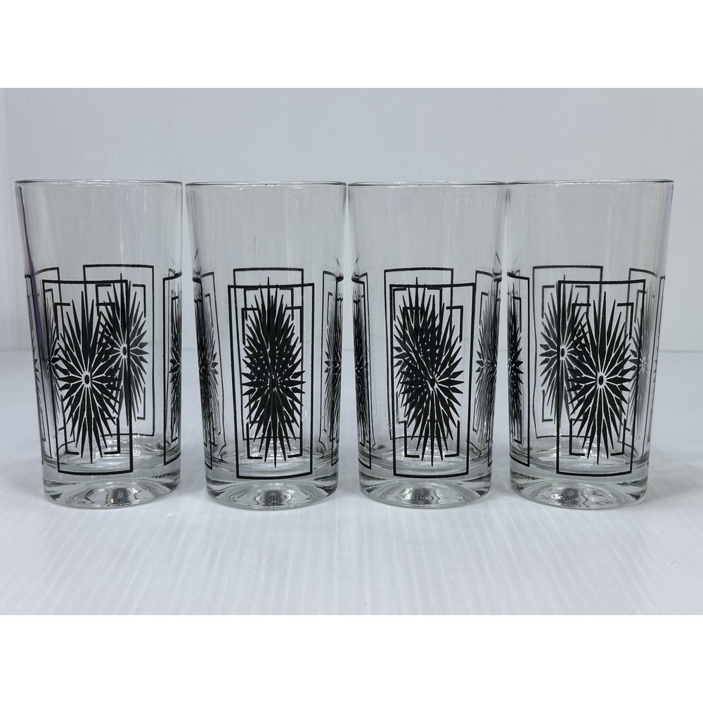 4 Vintage Atomic‎ Mid Century Modern Black Starburst Drinking Glass Tumbler